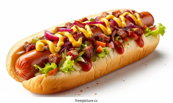 Hotdog with mustard, ketchup, relish, onions and lettuce