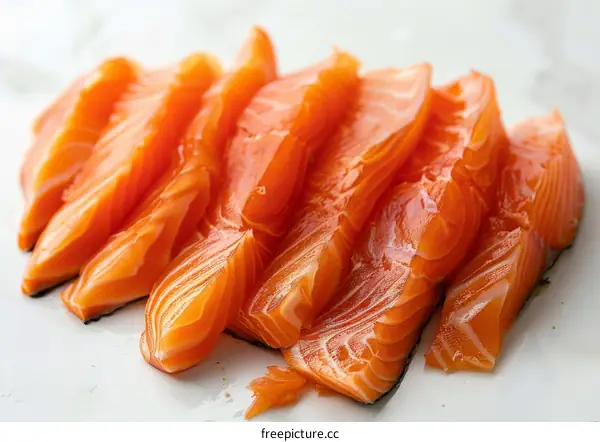 Freshly sliced salmon fillet on a white cutting board