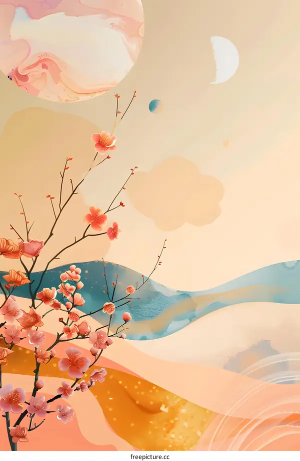 Abstract Watercolor Painting with Pink Flowers and Planets