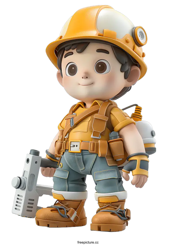 [Transparent Background PNG]A 3D illustration of a young boy wearing a yellow hard hat and carrying a jackhammer.