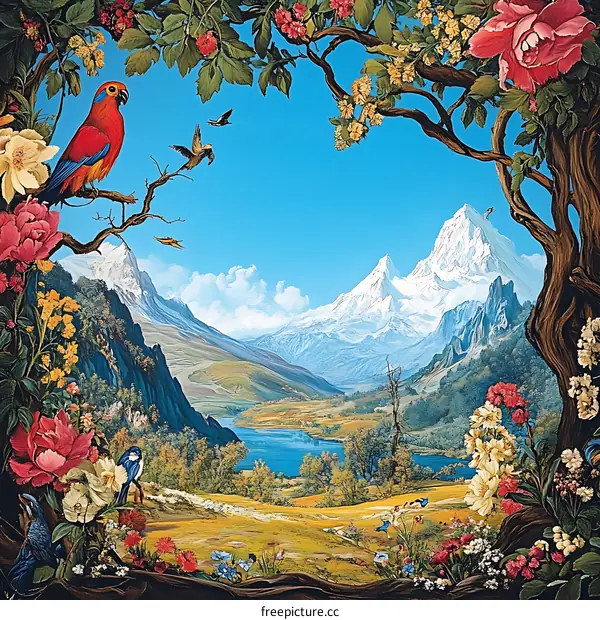 Beautiful Landscape Painting With Mountains And Flowers