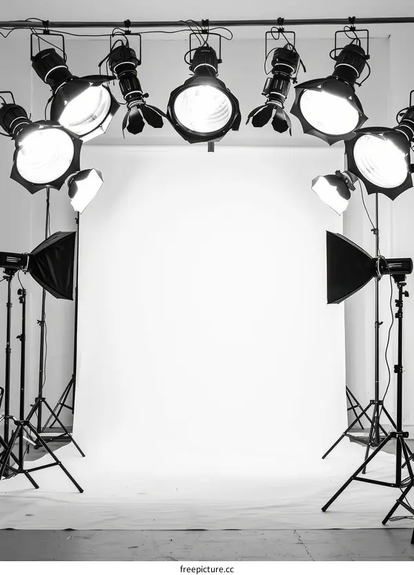 Black and white photo of a photo studio with a white background and lighting equipment