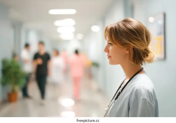 Female Caucasian Nurse in Hospital Corridor
