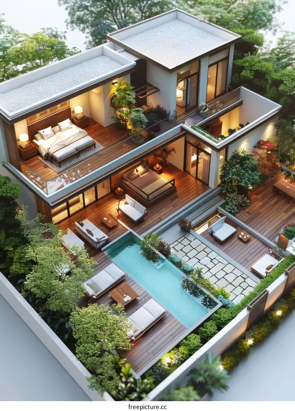 A luxurious two-story house with a pool and a garden