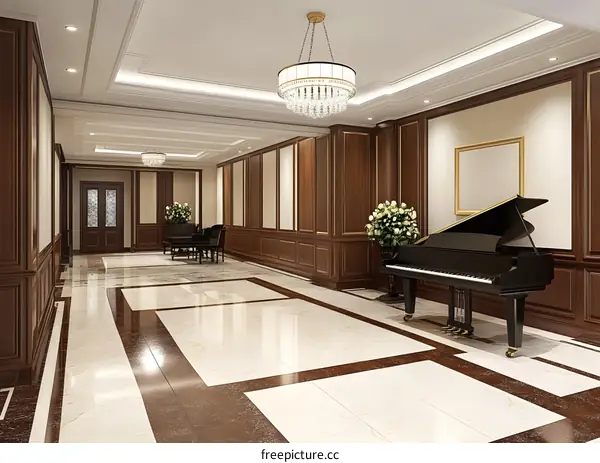 Elegant Hallway With Grand Piano and Chandelier