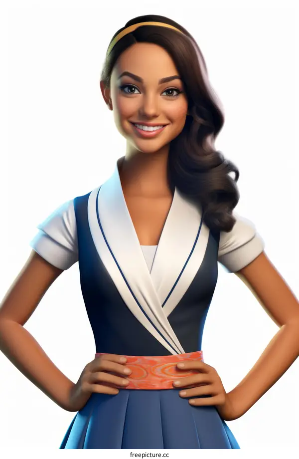 An illustration of a smiling brown-haired woman wearing a blue and white dress with a white collar and orange belt