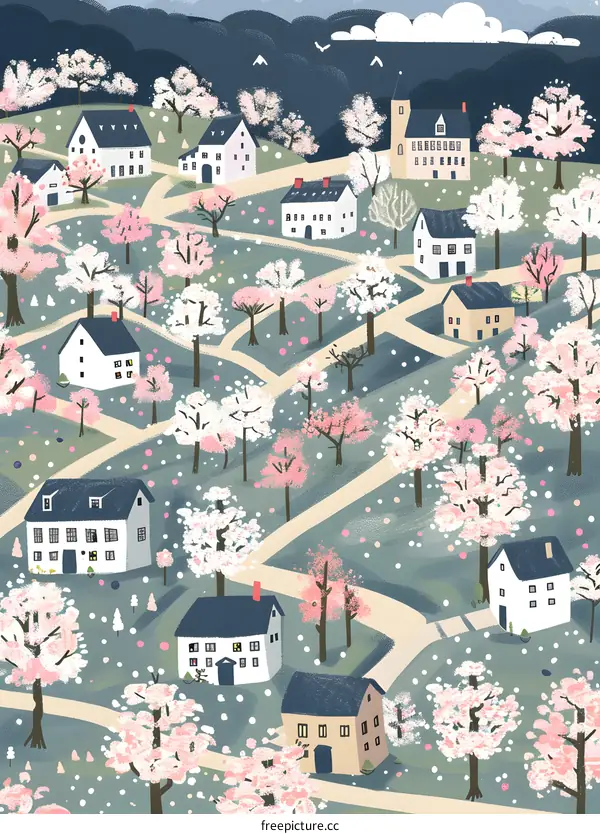 Springtime Village With Cherry Blossoms Illustration