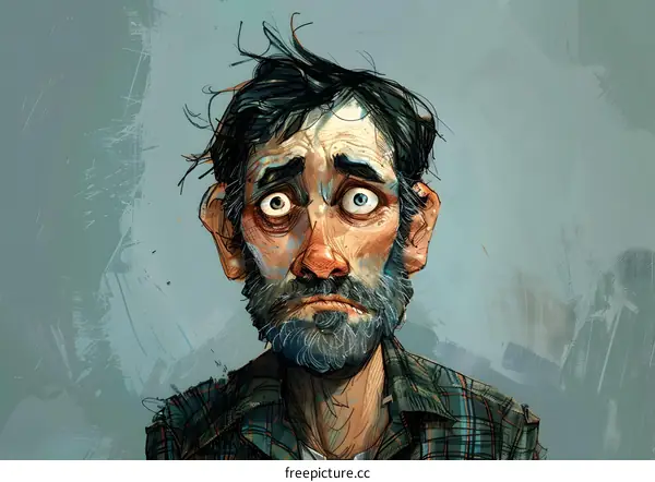 A disheveled man with a worried expression on his face