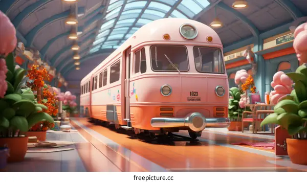 A pink retro train is in a station