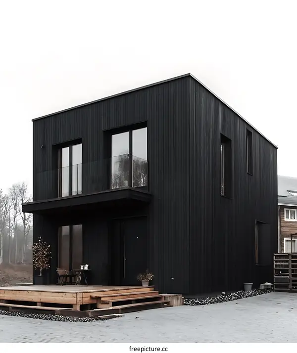 Modern Black House with Wooden Deck and Patio