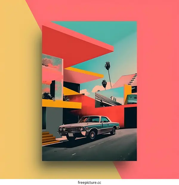 Minimalist Collage Art Poster with a Car, Buildings, and Palm Trees