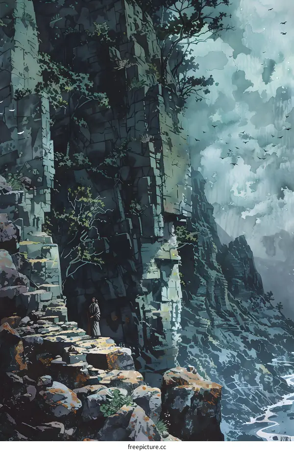 Man Standing on a Cliffside Path With Birds Flying Overhead