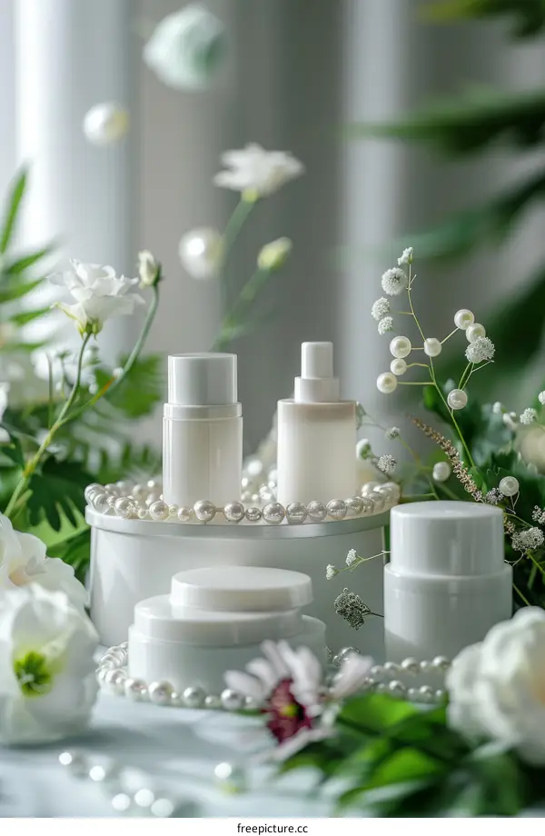 White Cosmetic Bottles with Pearls and Flowers: Minimalist Beauty Photography