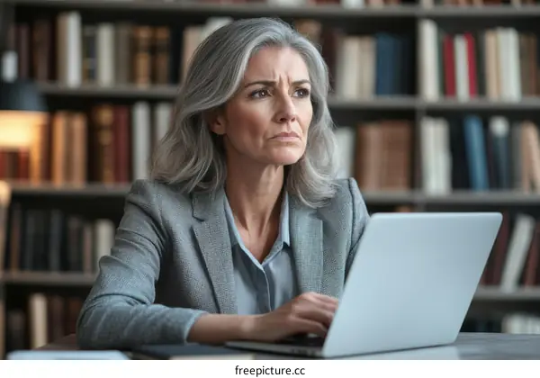 Focused Business Woman Working on Laptop in Library