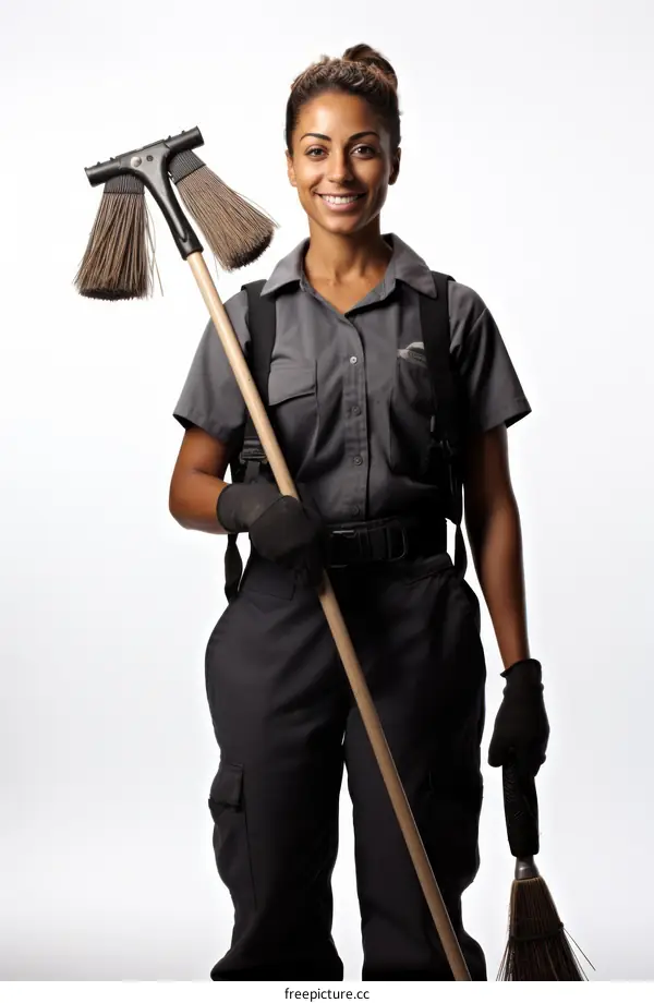 A smiling woman wearing a janitor uniform and holding a broom