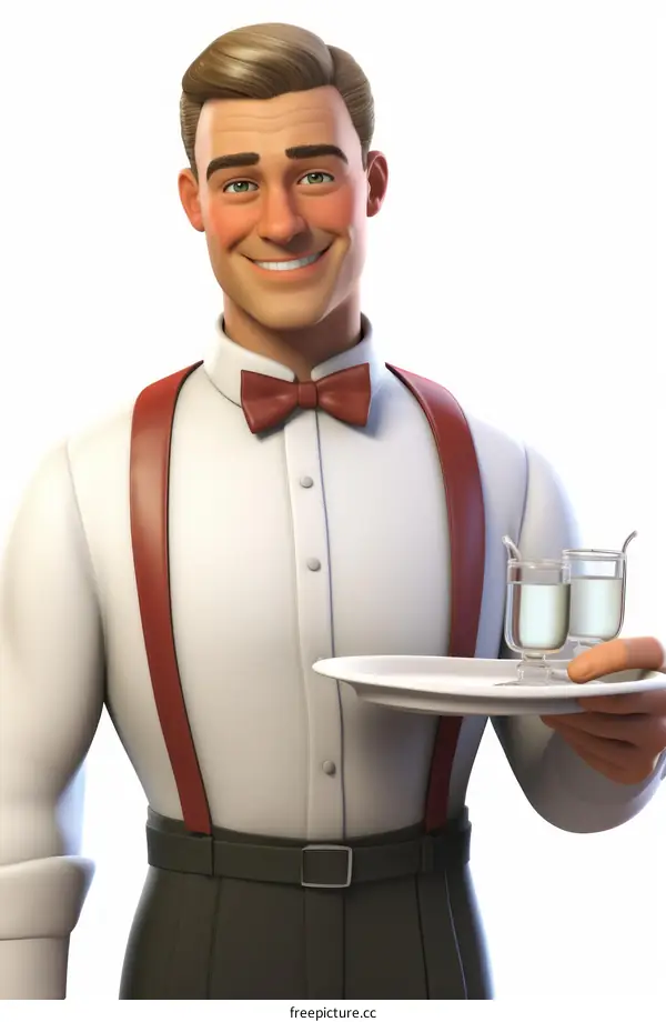 3D illustration of a waiter with a tray of drinks