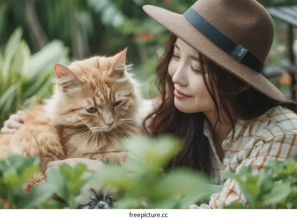 girl with a cat and a dog in the garden