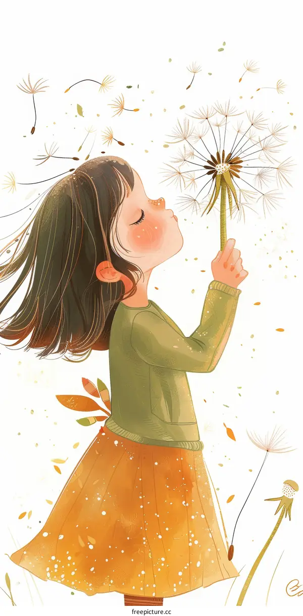Young Girl Blowing Dandelion Seeds in Air