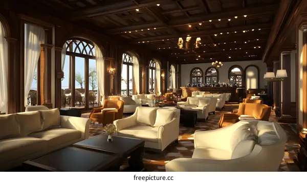 Luxury Hotel Lobby with Wooden Ceiling and Large Windows