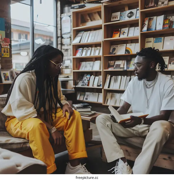 Two Diverse Friends Studying Together In Bookstore