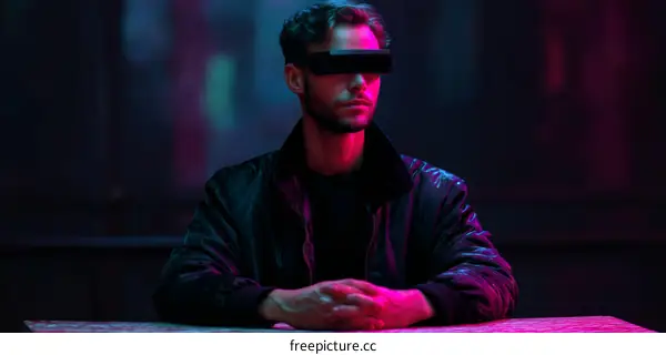 Man Wearing Futuristic VR Glasses in Neon Lighting