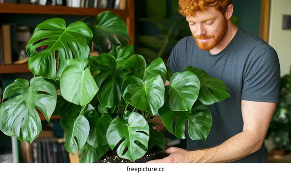 Man Caring for Monstera Plant Indoor Home