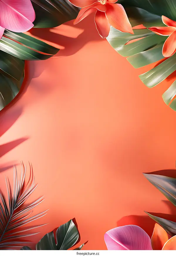 Tropical Leaves and Flowers Frame on Coral Background