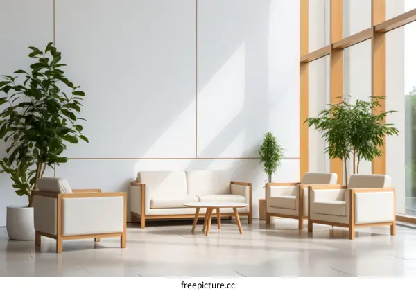 A modern office lobby with white walls and furniture