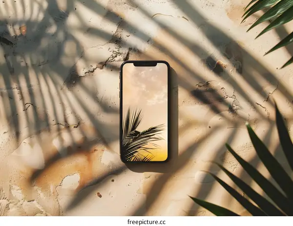 Palm Tree Shadow On Smartphone With Sunset Sky