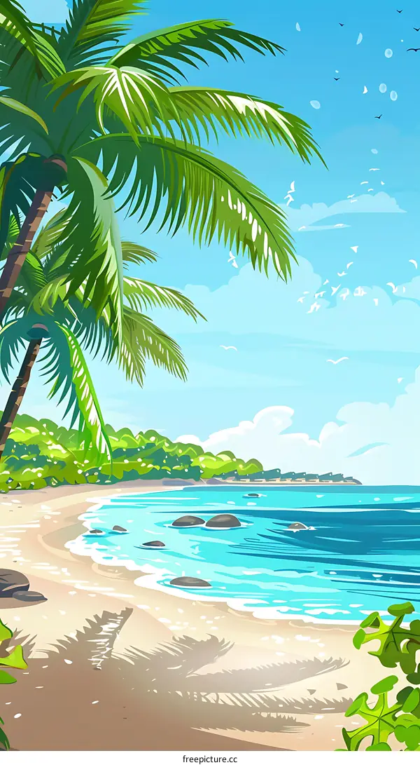 Tropical Beach Landscape With Palm Trees And Blue Ocean