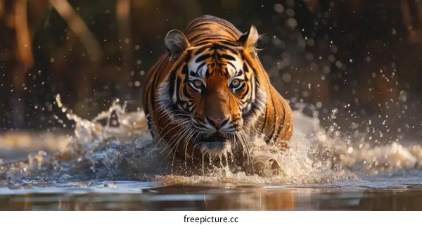 Tiger emerges from the water with a focused gaze