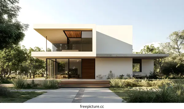 Modern Minimalist House with Balconies and Landscaping