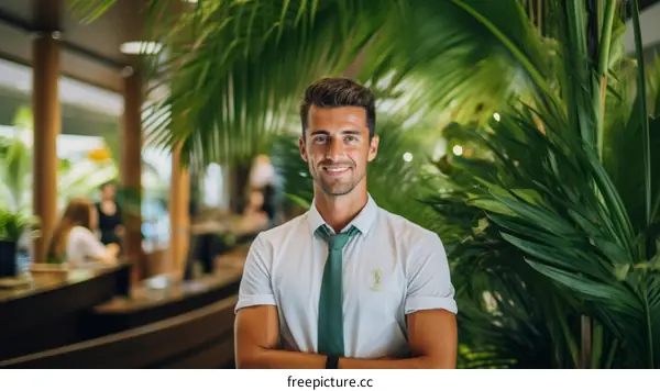 Confident young businessman standing in front of blurred background of hotel lobby