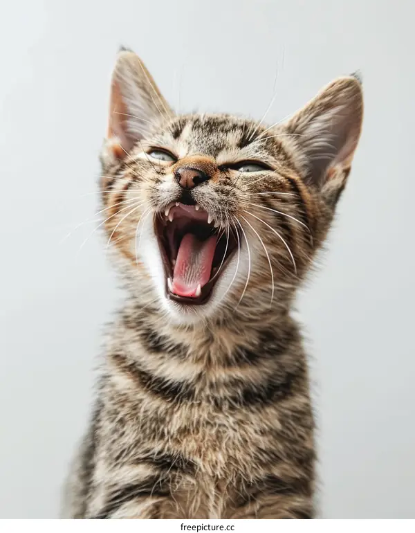 Playful Tabby Kitten with Mouth Open and Eyes Closed