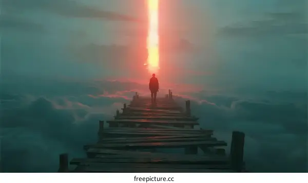 A Person Standing on a Wooden Bridge Leading to a Glowing Light Above Clouds
