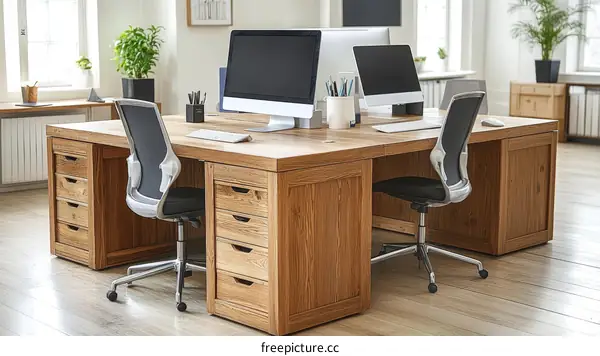 Modern Wooden Office Desk Workspace with Two Chairs