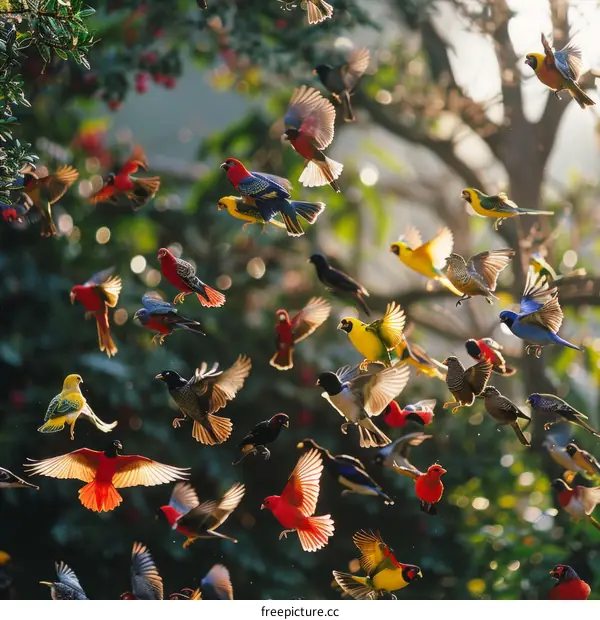 A flock of birds flying through a forest