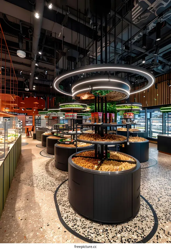 Modern Grocery Store Interior Design with Circular Shelving and Lighting