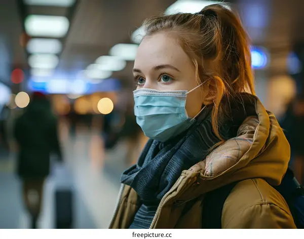 A young woman wearing a mask is looking away from the camera.