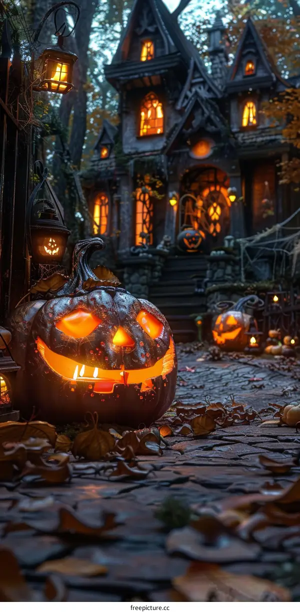 Spooky Halloween Jack-o'-Lantern and Haunted House in an Eerie Forest