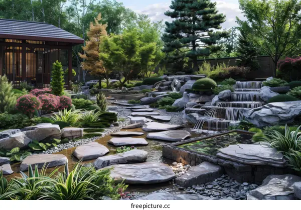 Japanese Garden with Waterfall and Stone Path
