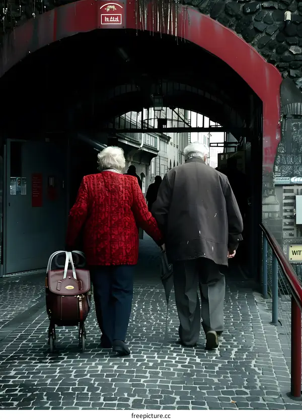 Elderly Couple Holding Hands Walking Through Archway