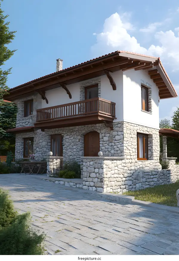 Stone House with Balcony and Cobblestone Driveway