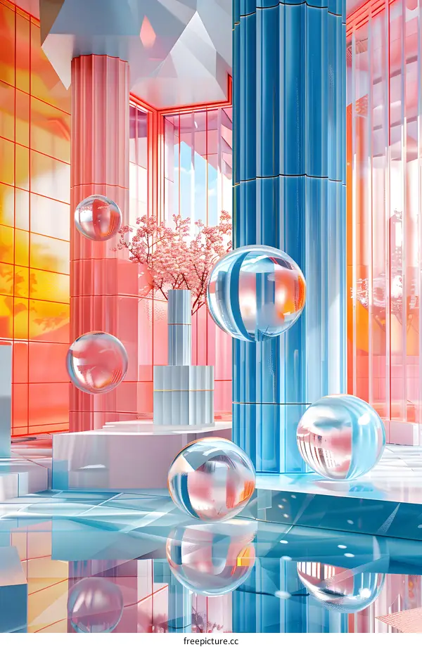 Spheres in a Pink and Blue Geometric Interior Space