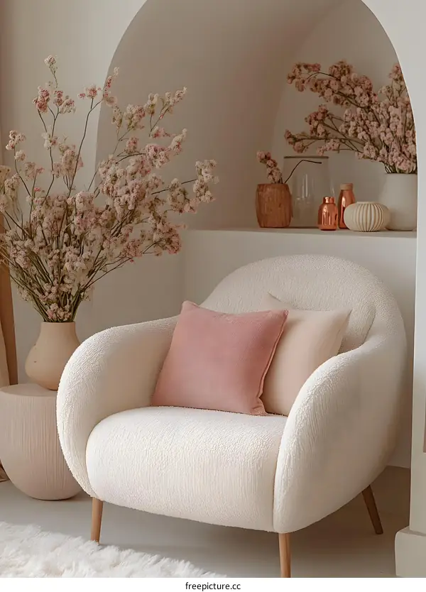 Modern Interior Design with White Armchair and Pink Flowers
