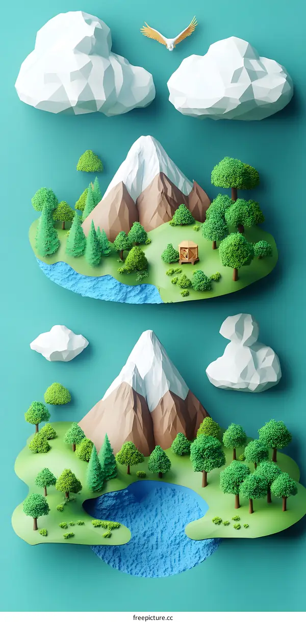 Low Poly Paper Craft Mountain Landscape Illustration