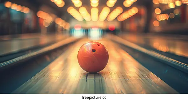Bowling Ball on Lane with Blurry Lights