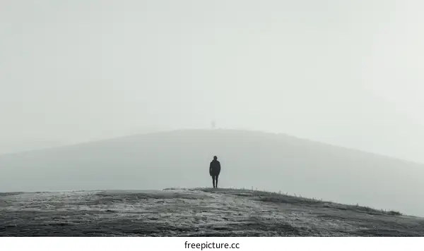Two men walking on a hill shrouded in fog