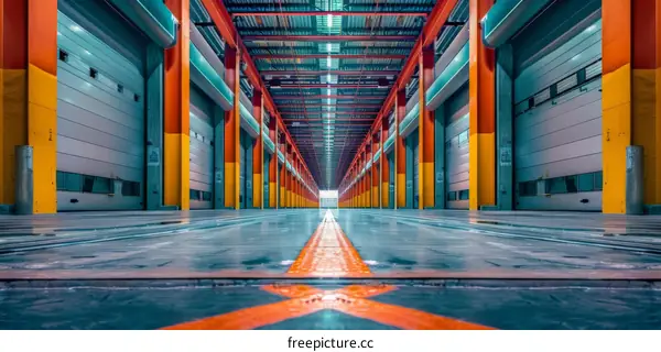 Industrial Building Interior with Multicolored Pillars and Blue Floor