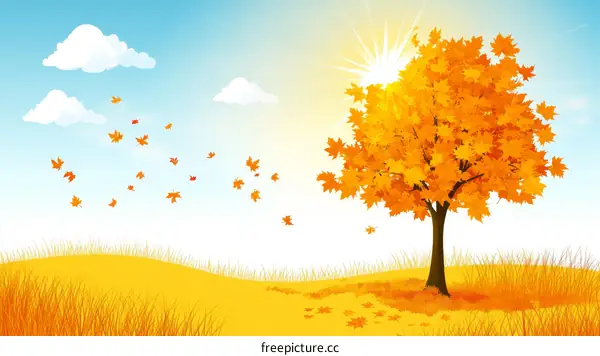 Autumnal Maple Tree and Falling Leaves Landscape Illustration